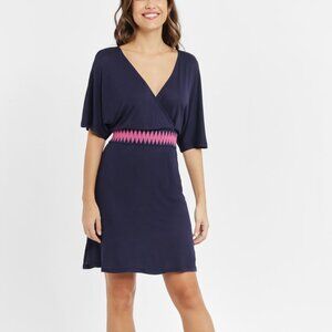 Navy V-Neck Wrap Dress with Pink Waist Detail